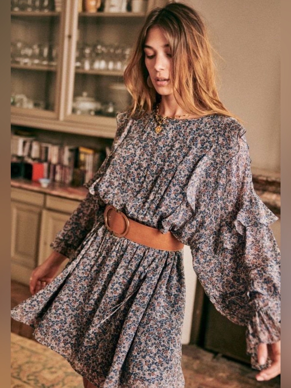 Sezane Lali Dress Size 46 Floral Ruffles Puff Sleeves Boho EUC
